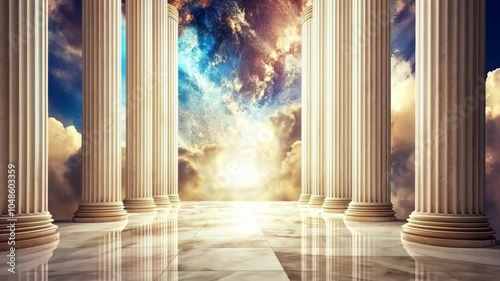 A view of a cloudy sky through an open doorway lined with white columns