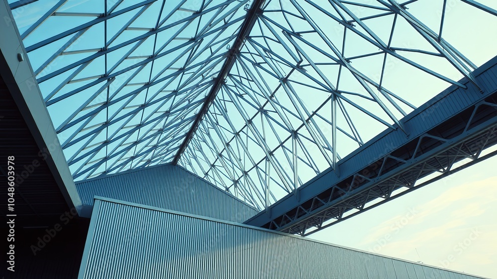 Obraz premium A structural marvel of steel and glass, a modern architectural design with a complex network of beams supporting a skylight