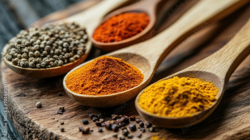 Assortment of Spices in Wooden Spoons on Table