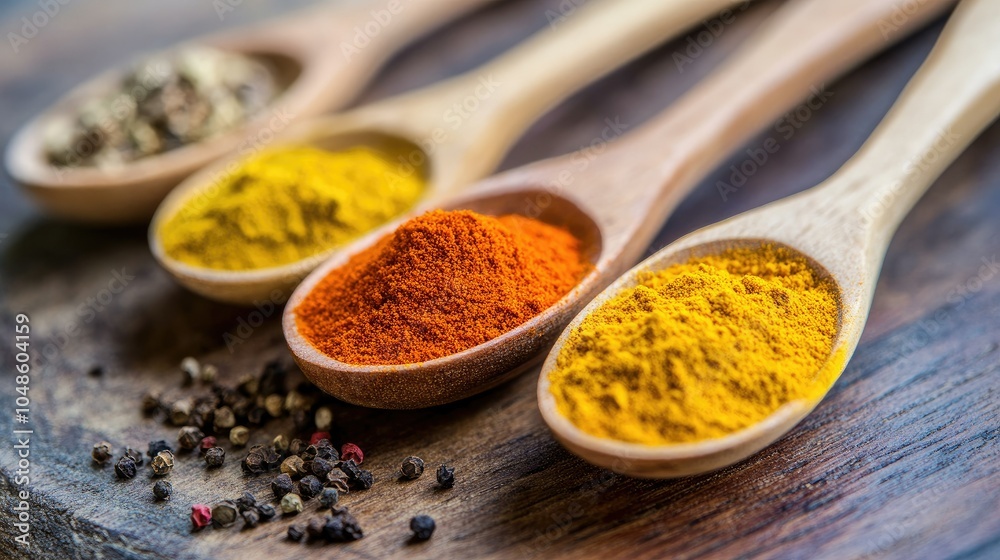 Vibrant Spices in Wooden Spoons on Rustic Surface Vibrant Spices in Wooden Spoons on Rustic Surface