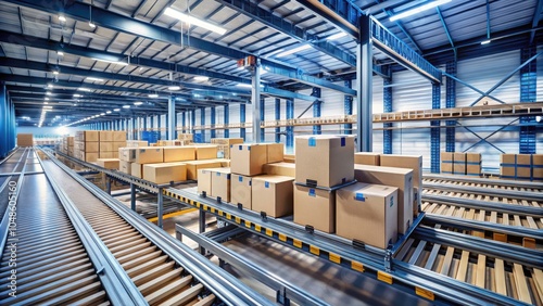 Candid Photography of Boxes on a Conveyor Belt in a Warehouse, Efficient Logistics, Industrial Automation, Supply Chain Management, Warehouse Operations, Packaging Process, Cargo Handling