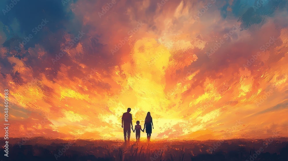 Fototapeta premium Family Silhouette Walking Towards Vibrant Sunset