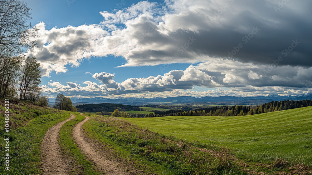Obraz premium Serene rural landscape with winding dirt path under a cloudy sky in the countryside