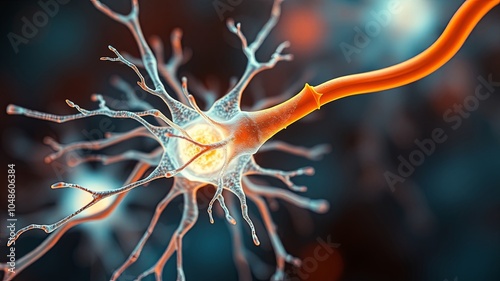 A single neuron, its intricate branches extending outwards, reaching towards the unknown, a symbol of the complex and interconnected network of the human mind. photo