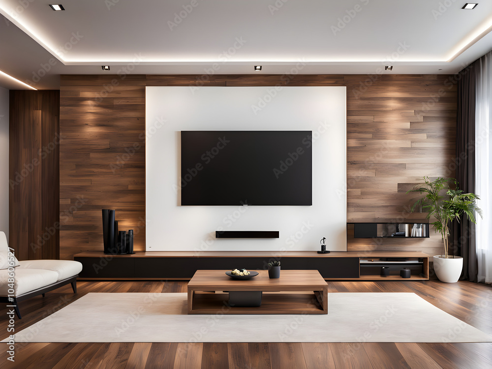 Elegant designed living room with big television screen, wooden floor and wall Elegant designed living room with big television screen, wooden floor and wall