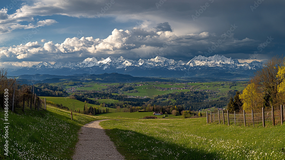 Obraz premium Stunning view of snow-capped mountains under dramatic clouds at sunset in a serene valley
