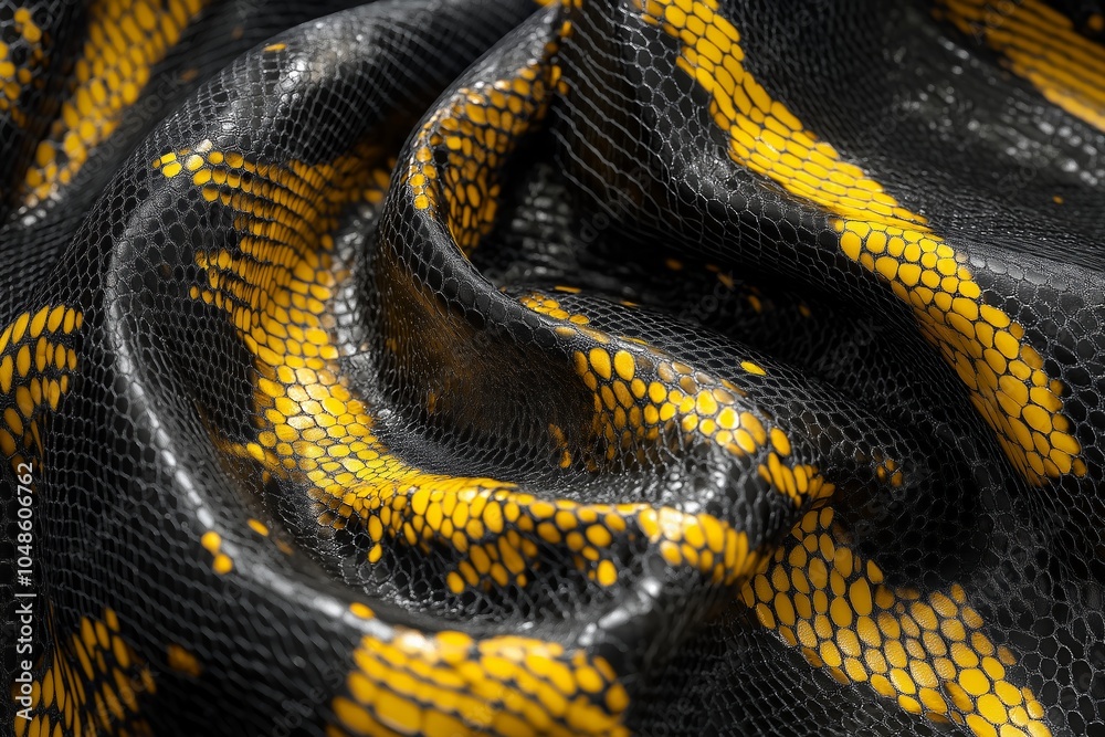 Fototapeta premium Detailed macro image of a snake’s black and yellow scales, highlighting the texture, intricate patterns, and natural sheen of the reptile..
