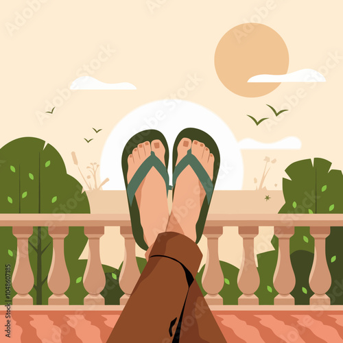 Relaxing outdoors with feet up in sandals under the sun.