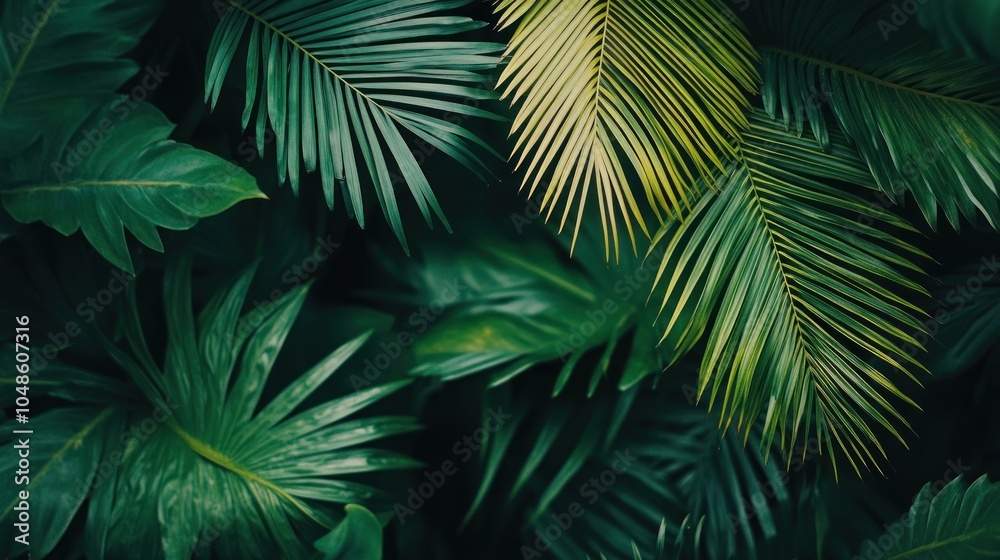 Lush Green Tropical Foliage with Palm Leaf Detail Lush Green Tropical Foliage with Palm Leaf Detail