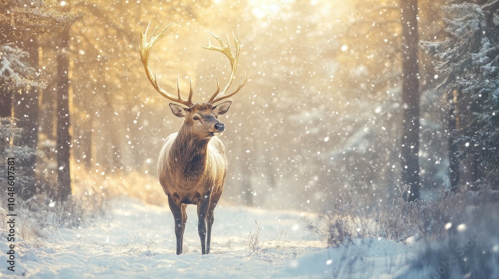 Majestic Elk Standing in a Snowy Forest Scene Majestic Elk Standing in a Snowy Forest Scene