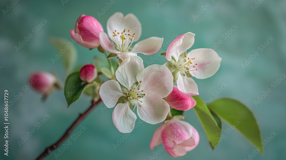 Obraz premium Delicate apple blossom branches in full bloom against a soft green background