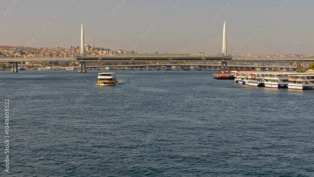 New Metro Train Suspension Bridge Over Golden Horn in Istanbul Turkey Sunny Autumn Day New Metro Train Suspension Bridge Over Golden Horn in Istanbul Turkey Sunny Autumn Day