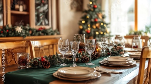 Warm dining room with table, green tablecloth, seasonal decor, wooden console, glassware, gifts, and personal accessories