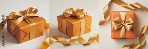 Orange gift box with golden ribbon. Collection of classic luxury gift boxes with elegant ribbons. Set of gift preset boxes with ribbon of various styles. Perfect for any celebration occasion project.