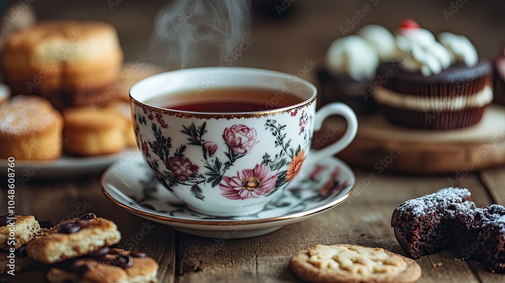 Warm Cup of Tea with Delicious Pastries on Table Warm Cup of Tea with Delicious Pastries on Table