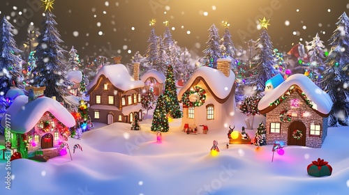 Snowy village with festive lights and Christmas trees.