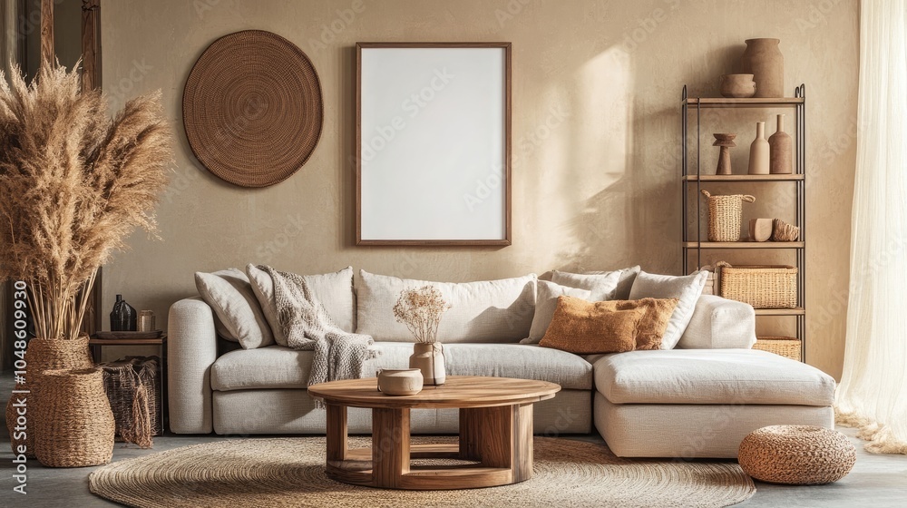 Warm living room with mock-up poster frame, modular sofa, wooden coffee table, round rug, beige wall, modern rack, and personal accessories Warm living room with mock-up poster frame, modular sofa, wooden coffee table, round rug, beige wall, modern rack, and personal accessories