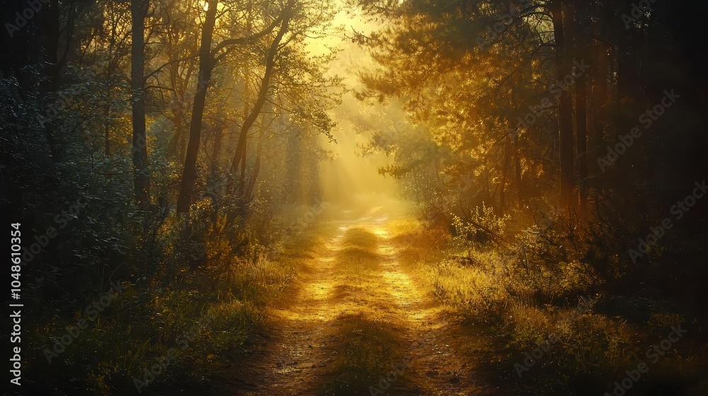 Sunlit Dirt Path Through Serene Forest Sunlit Dirt Path Through Serene Forest