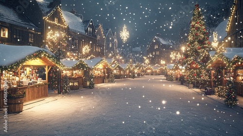 Snowy Christmas market scene with festive lights and trees