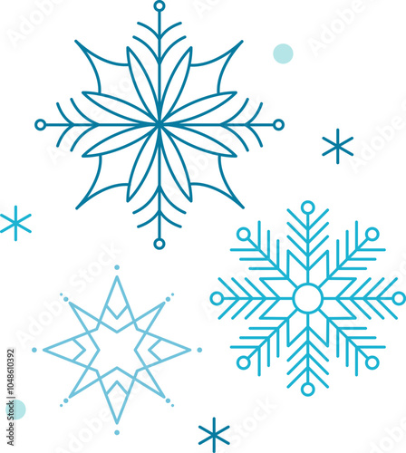 Winter snow icon with blue snowflakes on a white background. Festive Christmas banner, New Year card. Symbol of frosty whether and happy holidays. Vector illustration
