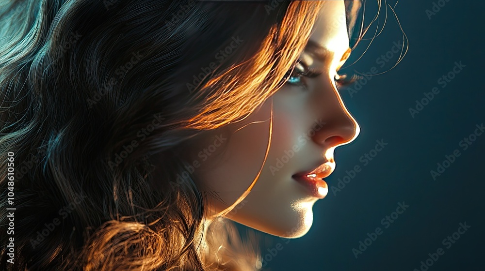 Naklejka premium Portrait of a Woman with Soft Light and Flowing Hair