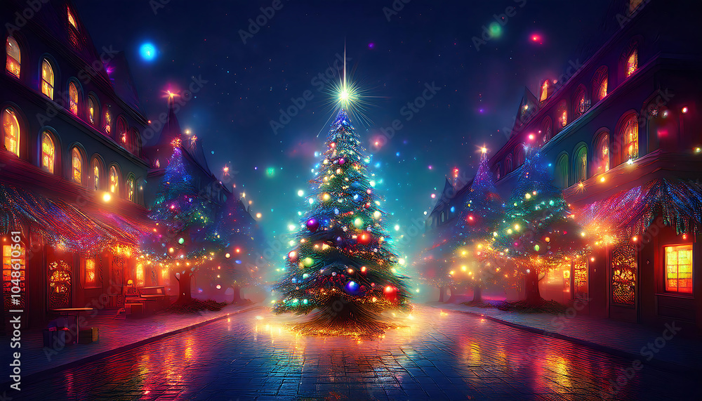 Light on the Christmas tree is a magical sight at night with twinkling colors shining brigh_1(425) Light on the Christmas tree is a magical sight at night with twinkling colors shining brigh_1(425)