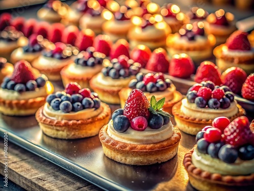 Exquisite French Pastry Tray with Berry Tarts and Cream Puffs in a Cozy Bakery Ambiance