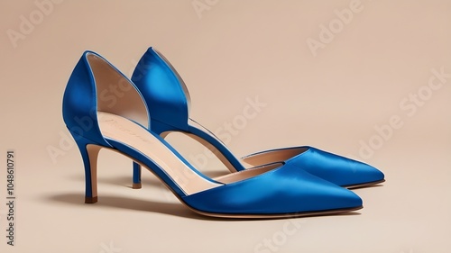  photo-realistic illustration of elegant d'Orsay pumps in a striking electric blue satin, with a low cut on the sides and a pointed toe photo