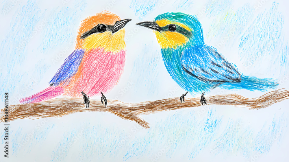 Obraz premium A simple drawing of cute birds for kids, with small round bodies, short wings, and bright beaks. The birds are perched on a branch, with minimal details for easy coloring and fun!