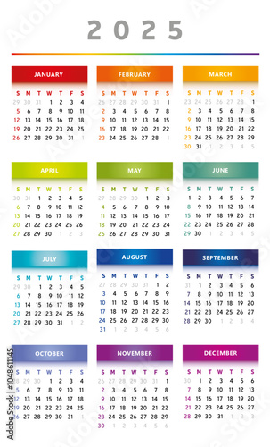 Calendrier 2025 en Anglais - Couleurs Arc-en-Ciel Format 4 Trimestres