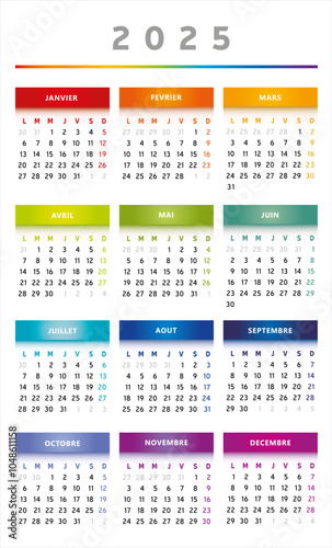 Calendrier 2025 en Français - Couleurs Arc-en-Ciel Format 4 Trimestres
