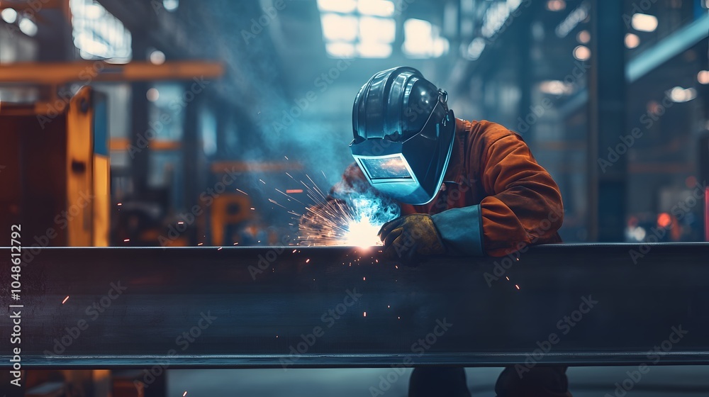 Steel welder in safety gear, working with a welding torch on a steel beam, medium close-up focusing on the welder eyes behind the protective mask and the bright weld, blurred background