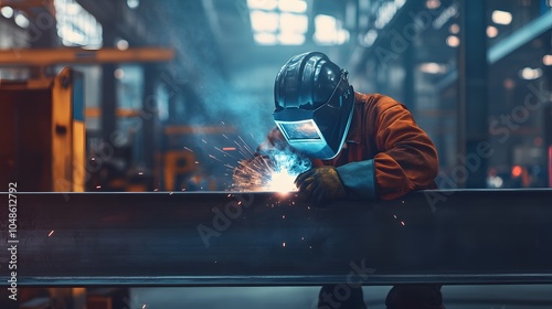 Steel welder in safety gear, working with a welding torch on a steel beam, medium close-up focusing on the welder eyes behind the protective mask and the bright weld, blurred background