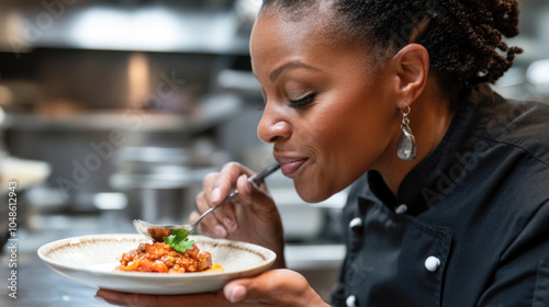 Chef tasting dish in professional kitchen with focus on culinary expertise and flavor