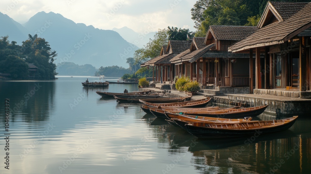 Wooden boats moored near lakeside houses. Wooden boats moored near lakeside houses.