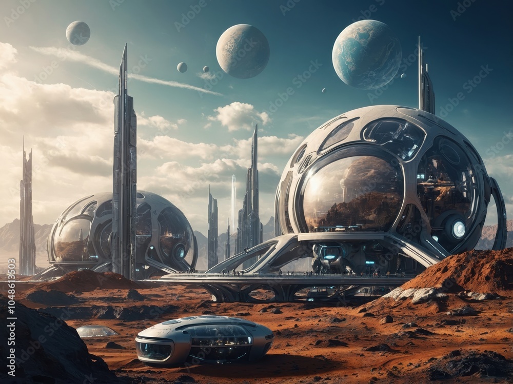 A visionary scene of life on Mars, featuring advanced colonies ...
