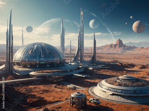 A visionary scene of life on Mars, featuring advanced colonies, greenhouses, and futuristic technology as settlers adapt and thrive on the red planet, marking a new chapter in human exploration.