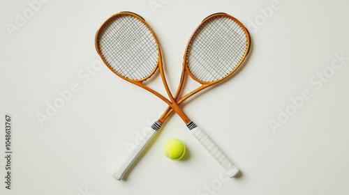 A flat lay of two crossed tennis racquets with a tennis ball in the middle, isolated on a white background, highlighting the simplicity of the sport.