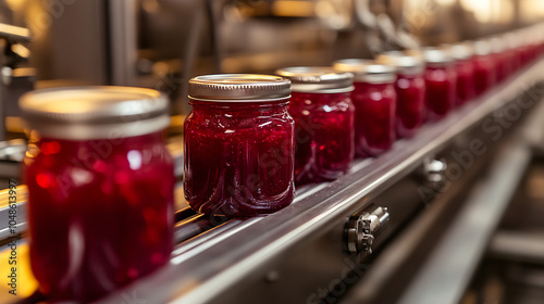 Automated conveyor belt moving filled jars of jelly through a labeling and sealing machine in a clean facility
