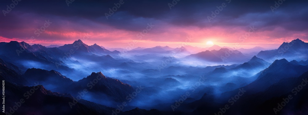 Fototapeta premium mountains at sunrise, with layers of deep blue and purple fog rolling between the peaks