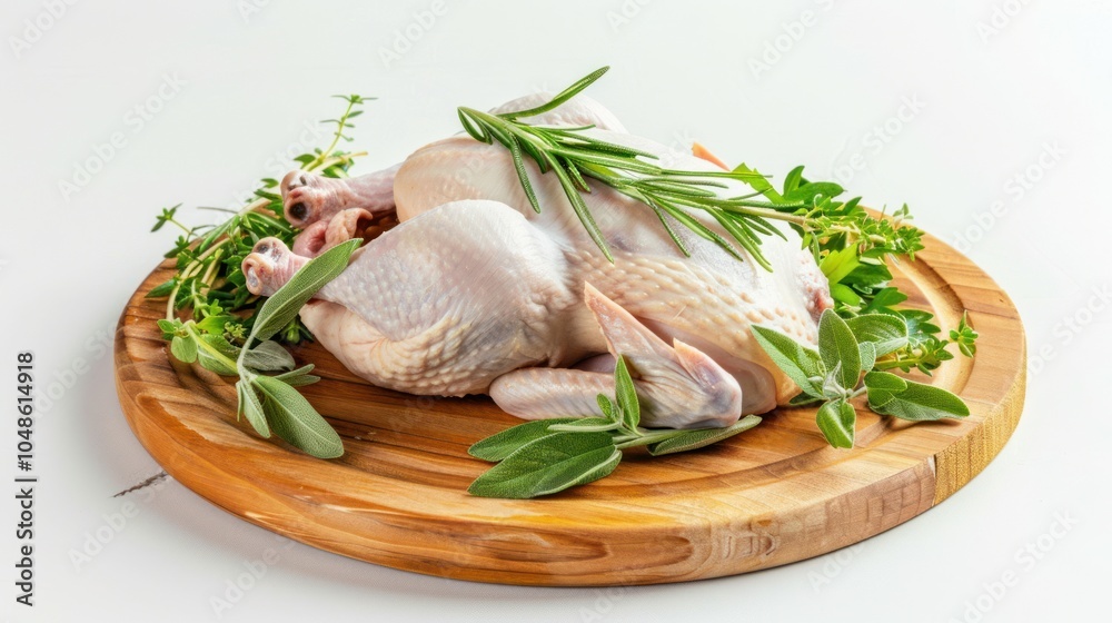 Raw Chicken with Fresh Herbs on Wooden Cutting Board Raw Chicken with Fresh Herbs on Wooden Cutting Board