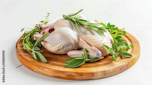 Raw Chicken with Fresh Herbs on Wooden Cutting Board