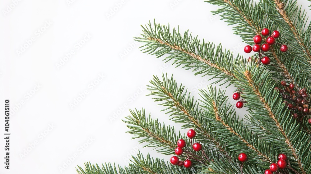 Festive spruce branches with vibrant red berries on white Festive spruce branches with vibrant red berries on white