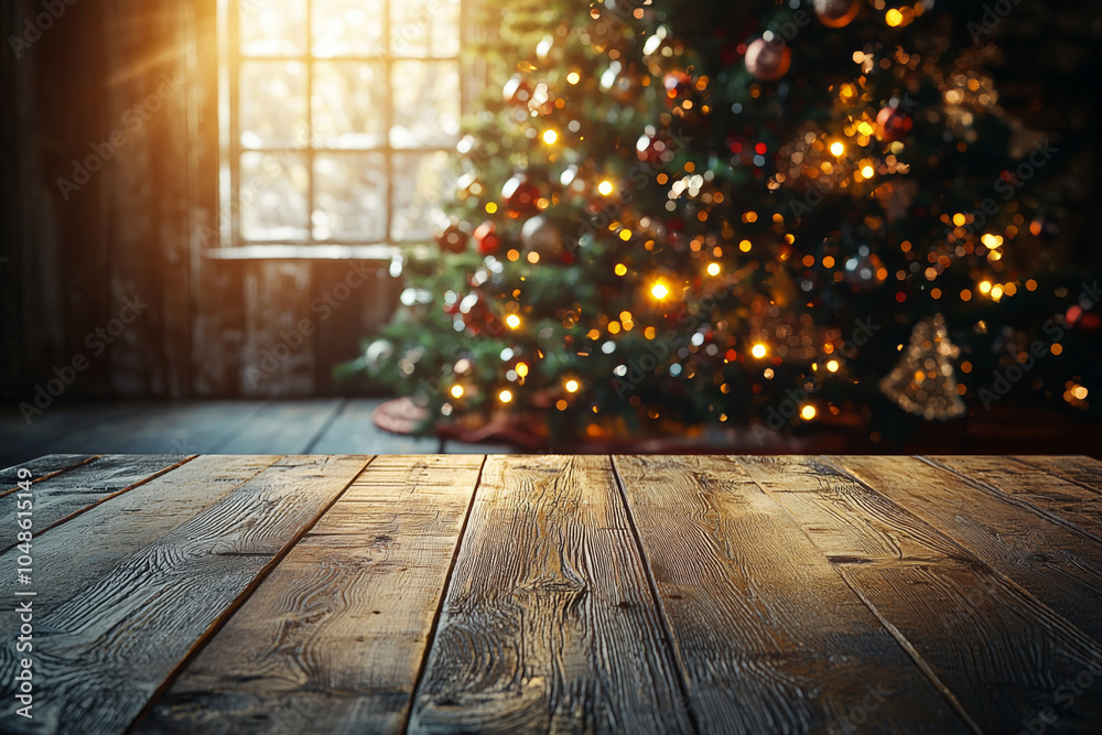 A cozy indoor setting featuring a wooden table in the foreground and a beautifully decorated Christmas tree in the background.
