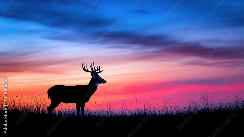 A lone Whitetail Buck in silhouette at dusk, its antlers outlined by the vibrant colors of the autumn sunset, peaceful and serene A lone Whitetail Buck in silhouette at dusk, its antlers outlined by the vibrant colors of the autumn sunset, peaceful and serene