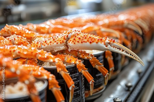 Close-up of King Crab Claws on a Conveyor Belt in a Food Processing Factory photo