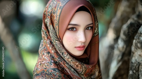 Close-up portrait of a young woman wearing a patterned headscarf