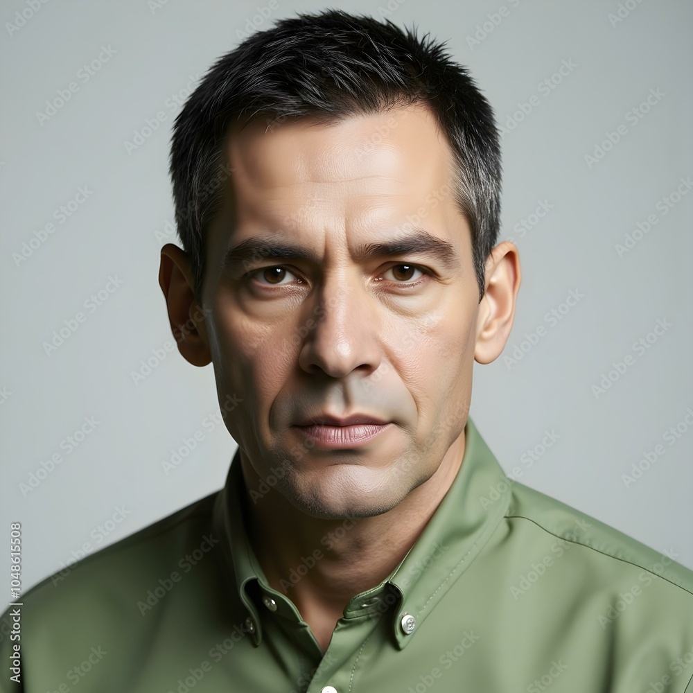 Confident middle aged business man entrepreneur, unsmiling mature professional executive manager, businessman leader investor wearing green shirt isolated on gray, headshot close up portrait. Confident middle aged business man entrepreneur, unsmiling mature professional executive manager, businessman leader investor wearing green shirt isolated on gray, headshot close up portrait.