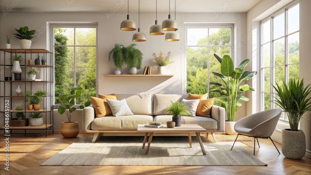 Fototapeta premium Minimalist Living Room with Serene Lighting – A Tranquil Space Featuring Soft Colors, Clean Lines, and Natural Elements for a Peaceful Atmosphere in Modern Home Decor