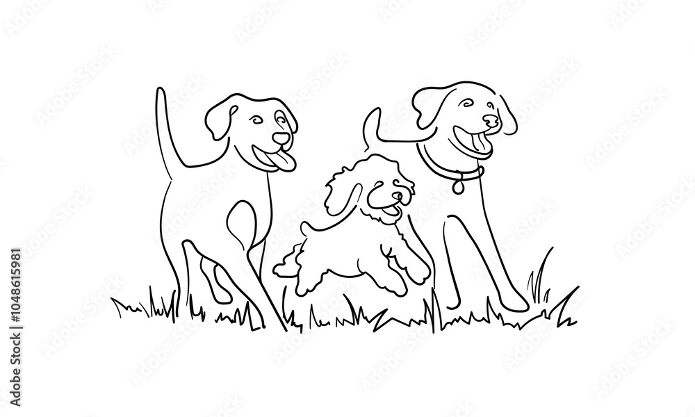 Obraz premium Three dogs running together isolated on white background. Animals outline. Vector illustration 